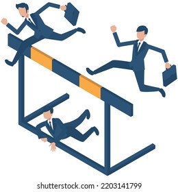 It is an isometric illustration of businessmen who challenge difficulties and hurdles and jump over them.
