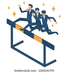 It is an isometric illustration of businessmen who emphasize teamwork and cross their shoulders to challenge difficulties and hurdles and jump over them.