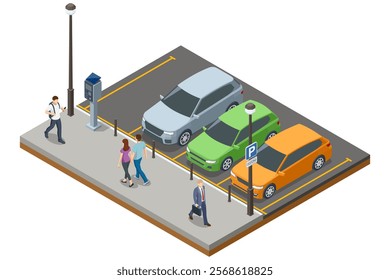 An isometric illustration of a busy parking lot with multiple vehicles, a parking meter, and pedestrians. Urban environment with solar-powered payment systems