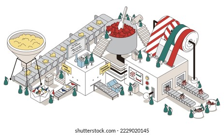 Es ist eine isometrische Illustration einer geschäftigen Geschenkfabrik zu Weihnachten.