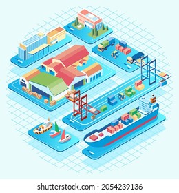 Isometric illustration of busy traffic in the port where goods go in and out, container carrier ships and container stacks are at the port. used for info graphic, landing page and website image