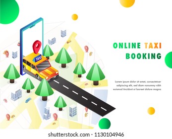Isometric illustration of a cab coming out from a mobile app, map, navigation points. Online cab book landing page design. 