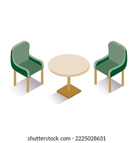 Isometric illustration of cafe chairs and tables.