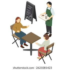 Isometric illustration: cafe staff and customers