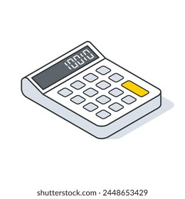 Isometric illustration of a calculator with a yellow button