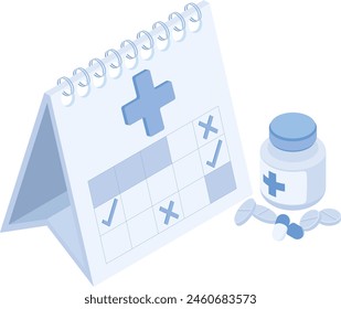 An Isometric illustration of a calendar with a medical cross marking a specific date. A bottle of pills sits next to the calendar on a surface.