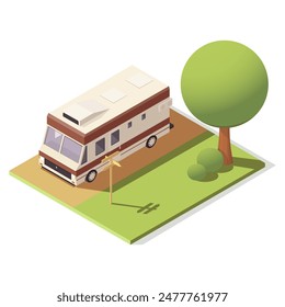 Isometric illustration of a camper van parked near a tree on a grassy area. Vector illustration