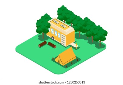 Isometric illustration of campsite in the forest, vector illustration