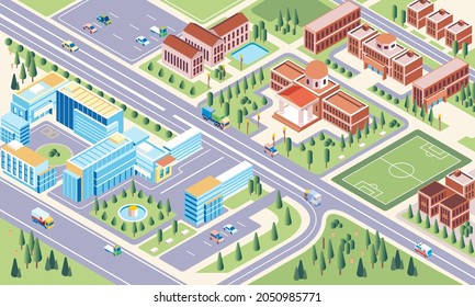 Isometric illustration of campus university environment complex, there is a campus garden as a green area and the building is neatly arranged. used for wesite image, poster and other
