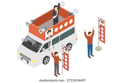 Ilustración isométrica: Candidato dando un discurso en un coche de campaña