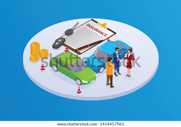 Isometric illustration car Insurance\
services. Auto insurance policy with money and key\
fob.