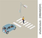 Isometric illustration: car, traffic light and crosswalk 1