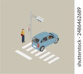 Isometric illustration: car, traffic light and crosswalk 3