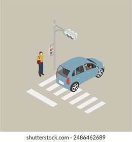 Isometric illustration: car, traffic light and crosswalk 3