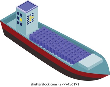 Isometric illustration of a cargo ship transporting oil barrels at sea