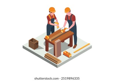 Isometric illustration carpenter doing wood drill, suitable for related digital assets