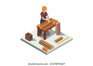 Isometric illustration carpenter sawing board with saw, vector illustration