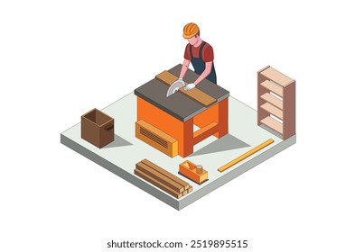 Isometric illustration carpenter sawing board with saw, vector illustration