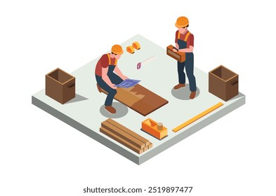 Isometric illustration carpenter see building plans, suitable for related digital assets