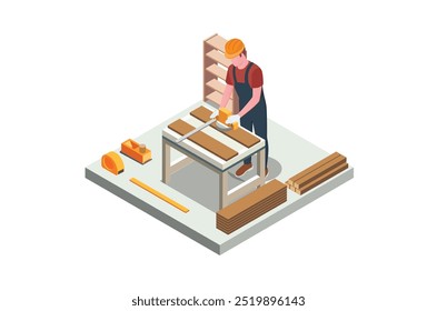 Isometric illustration carpenter takes measurements