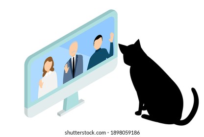 Isometric, an illustration of a cat in an online meeting