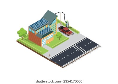 Isometric illustration of charging an electric car battery at home using solar panels, Suitable for Diagrams, Infographics And Other Graphic Related Assets