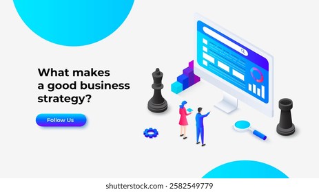 Isometric illustration with chess pieces and a digital interface, emphasizing strategy, planning, and teamwork in developing effective business concepts and innovative solutions