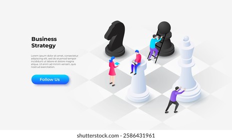 Isometric illustration of a chessboard symbolizing business strategy and teamwork. Characters interact with chess pieces, portraying strategic planning and innovation for successful business