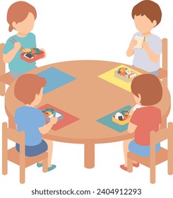 Isometric illustration of children eating lunch