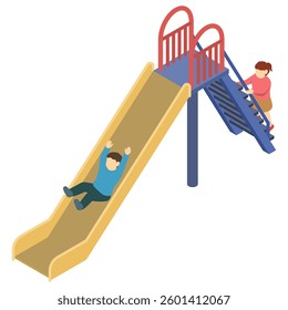 Isometric illustration: children playing on a slide