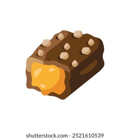 Isometric illustration of a chocolate bar with caramel filling, topped with crunchy nuts, isolated on a white background.