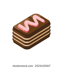 Isometric illustration of a chocolate layered pastry with pink icing on top, isolated on a white background.