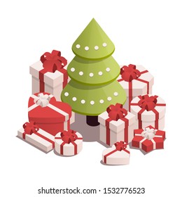 Isometric illustration for christmas and new year. Christmas tree with presents.