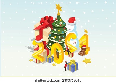 Isometric illustration Christmas and New year design concept. People Celebrates Christmas and New Year with Christmas tree, gift boxes and Snowman. Suitable for Infographics and Book Illustration