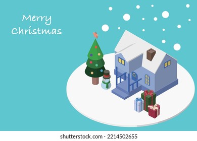 Isometric illustration of a Christmas tree, snowman, and Christmas presents in front of a snowy house for a Christmas greeting card. Winter concept.

