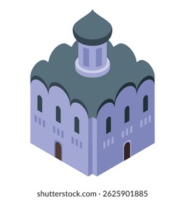 Ilustração isométrica de um edifício da igreja com uma cúpula, representando a religião e a espiritualidade