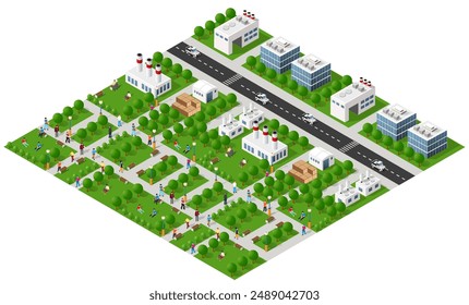 Isometric illustration of a city center with factories, warehouses, roads, cars, and people enjoying free time in a green park