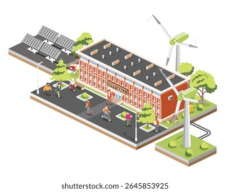 Isometric illustration of a city hall surrounded by trees, people, solar panels, and wind turbines. Sustainable urban scene with green energy and modern public infrastructure. Vector illustration.