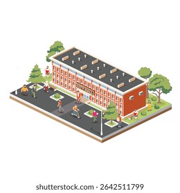 Isometric illustration of a city hall or town hall building with a red brick facade and flat roof. Building isolated on white background. Vector illustration. Trees and benches. People walking around.