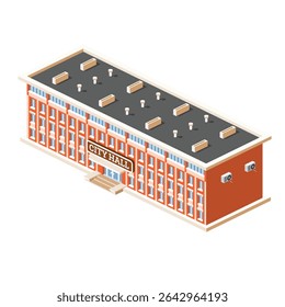 Isometric illustration of a city hall or town hall building with a red brick facade and flat roof. Building isolated on white background. Vector illustration.