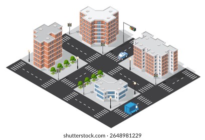 Ilustração isométrica de um cruzamento urbano com edifícios modernos, veículos e postes de luz, destacando o planejamento urbano e a arquitetura