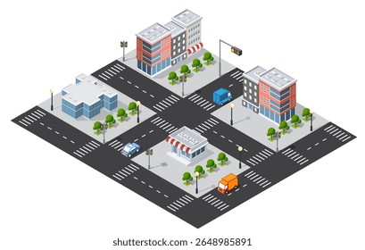 Ilustração isométrica de um cruzamento de cidade com veículos, edifícios, árvores e semáforos, apresentando planejamento urbano e infraestrutura