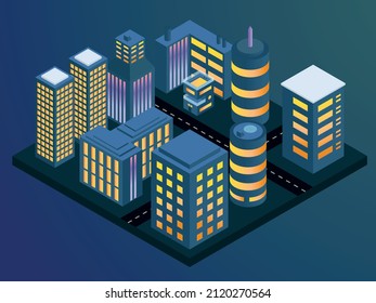 isometric illustration of the city at night. Skyscrapers and large palaces. Modern city