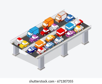 Isometric illustration of a city street with cars and trucks transport infrastructure of the town
