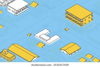 Ilustração isométrica de uma cidade submersa pela água devido a tsunami e inundação de rio, Ilustração de vetor