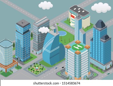 Isometric illustration of a city and urban buildings and houses