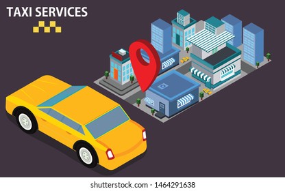 Isometric illustration of city view with taxi guide location pointer for Taxi Service concept based web banner design.