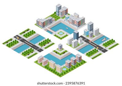 Isometric illustration of a city waterfront with a river, yachts and  buildings and houses