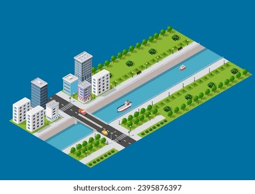 Isometric illustration of a city waterfront with a river, yachts and  buildings and houses