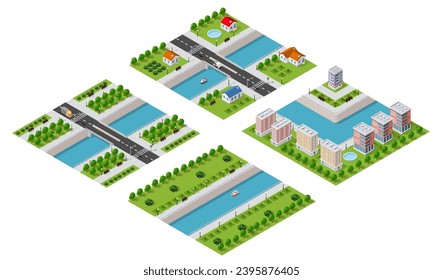 Isométrica ilustración de una costa urbana con río, yates y edificios y casas